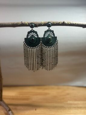 Green Filigree Fringe Drop Earrings - Women Jewelry